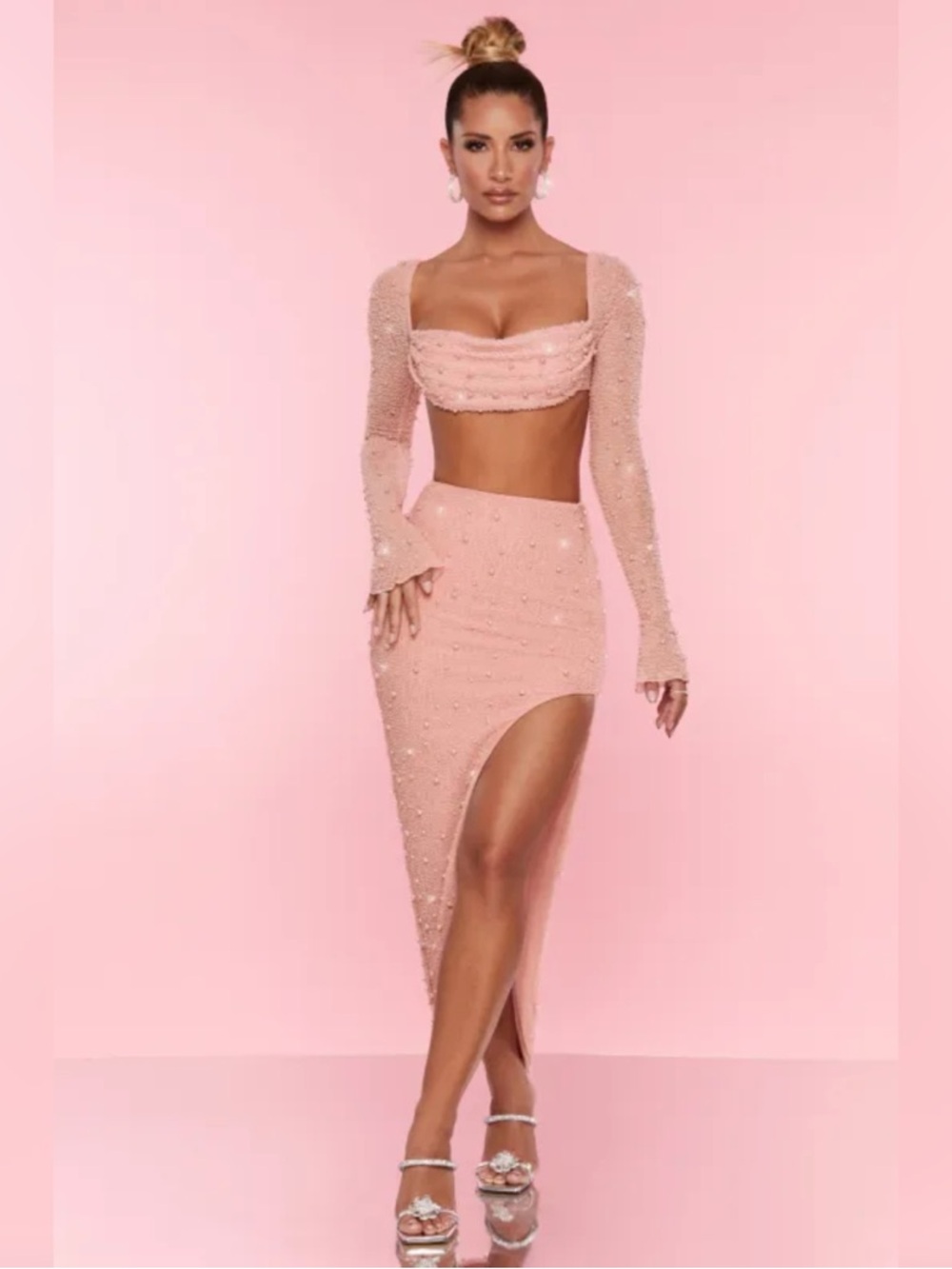Oh Polly Bordeaux Asymmetric Pink Embellished Maxi Skirt